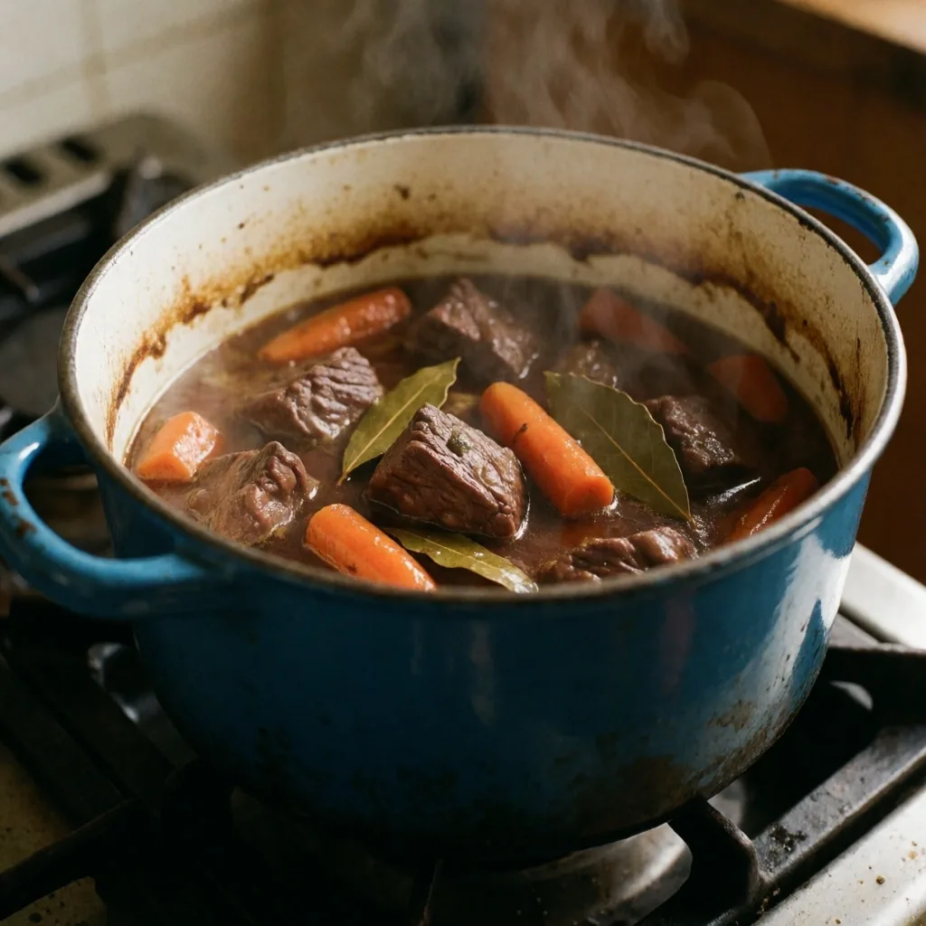 Daube mijotée lentement dans une cocotte en fonte