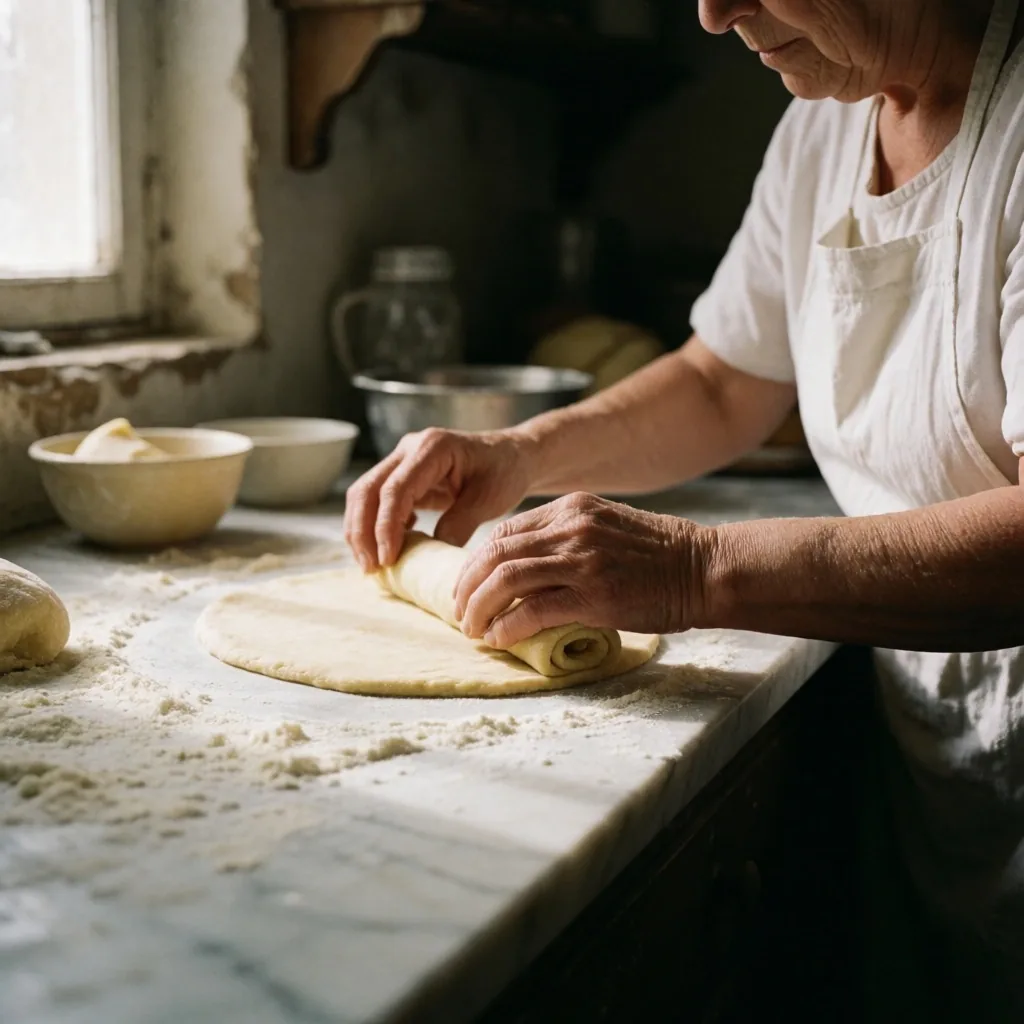 Mains pétrissant de la pâte à pain sur une table en bois