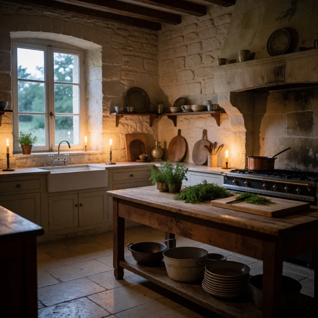 Cuisine traditionnelle en pierre au crépuscule