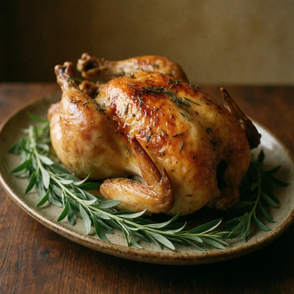 Poulet rôti à l'estragon sur plat en céramique