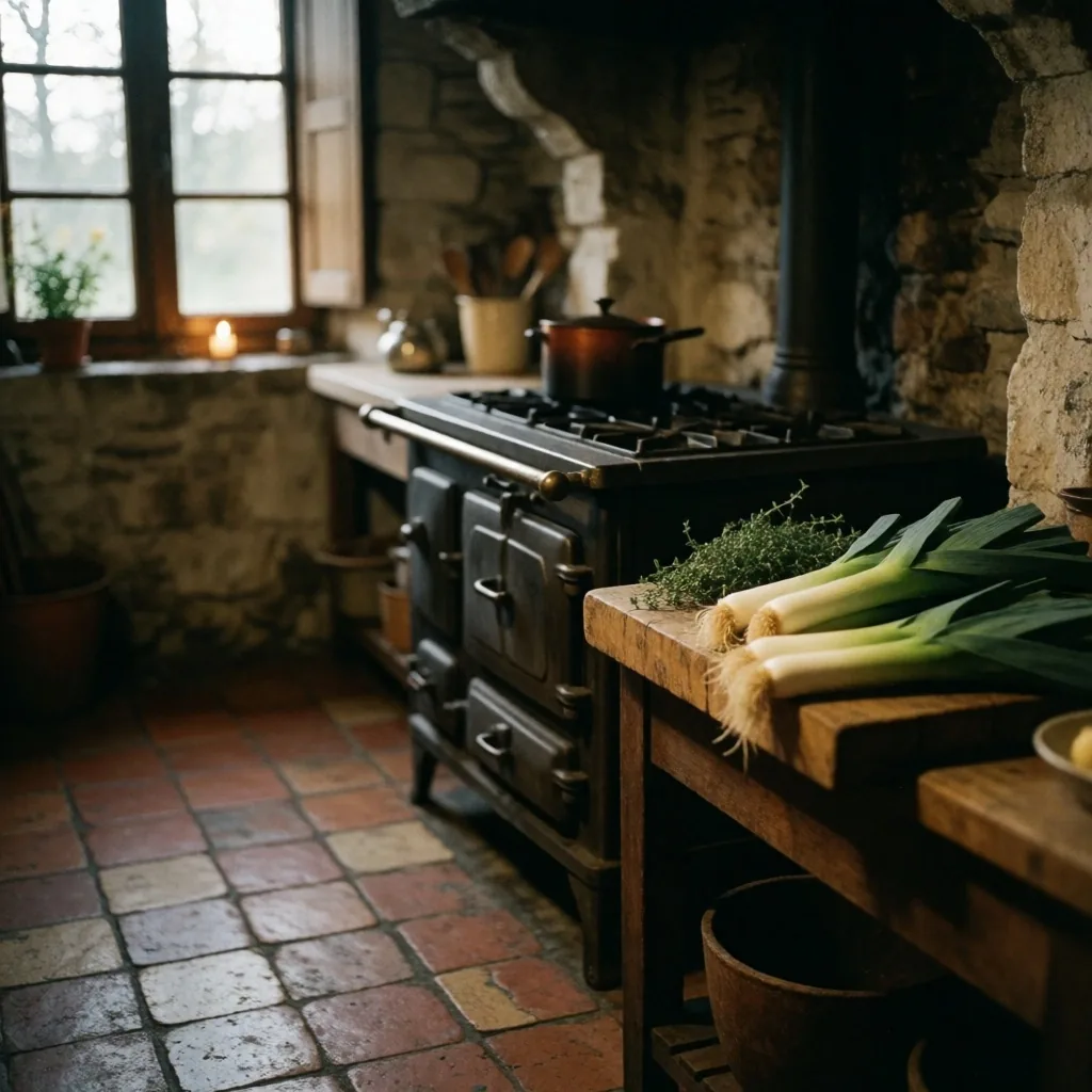 Intérieur d'une cuisine traditionnelle française au crépuscule