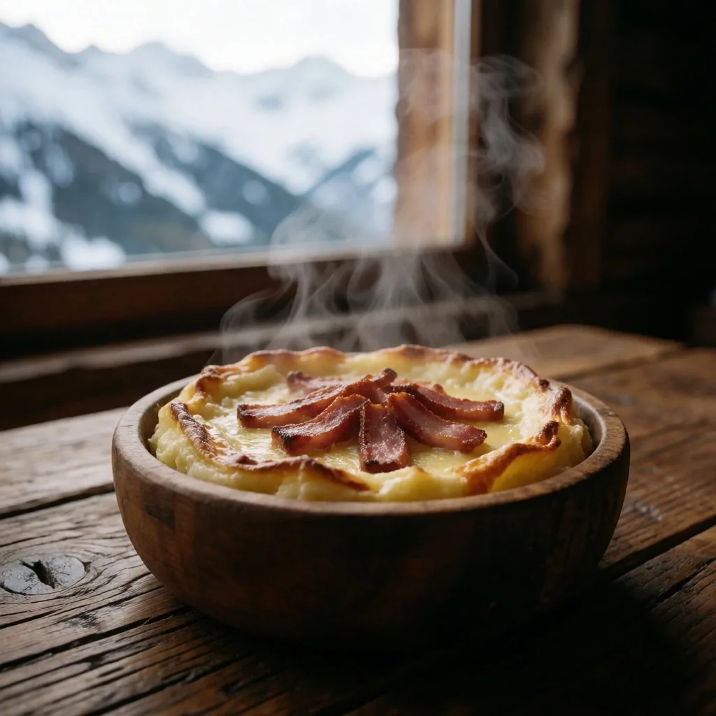 Tartiflette savoyarde et vue sur les Alpes
