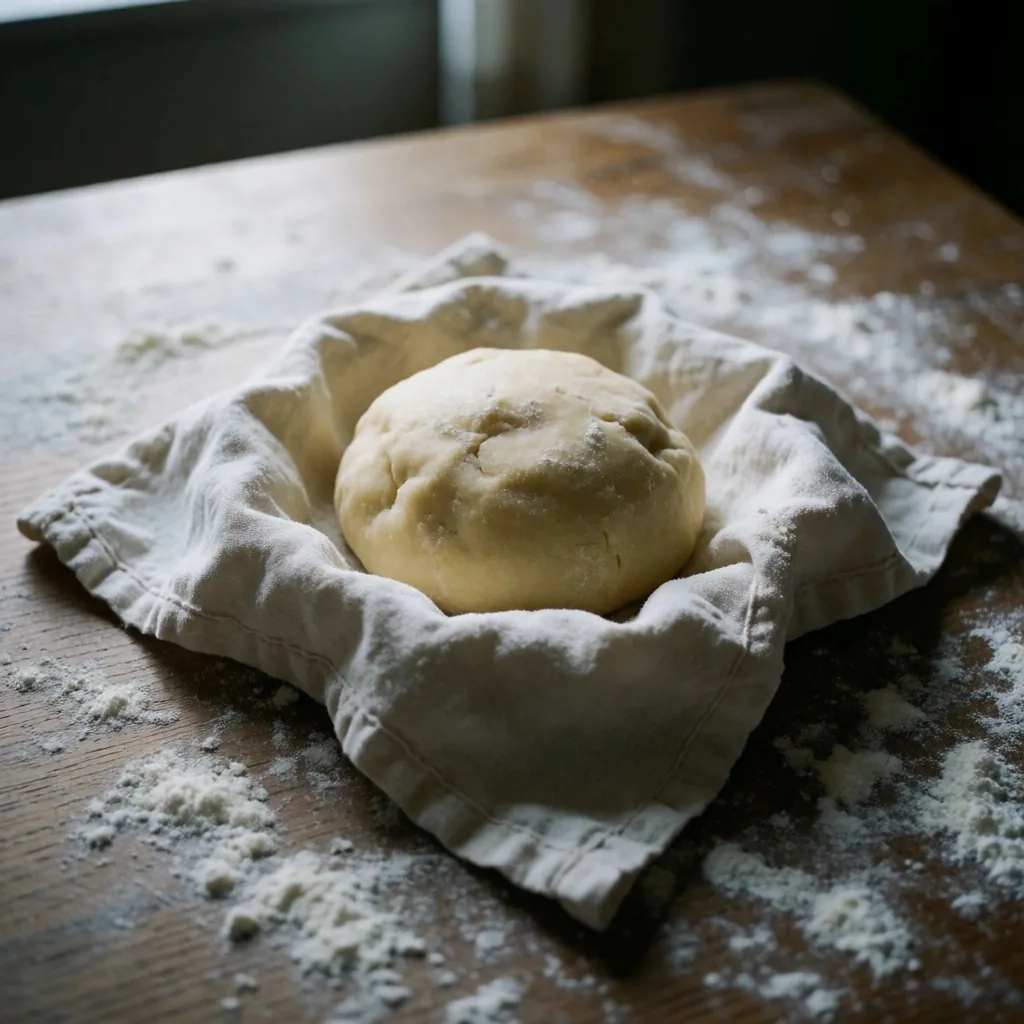 Boule de pâte brisée enveloppée reposant sur une table enfarinée