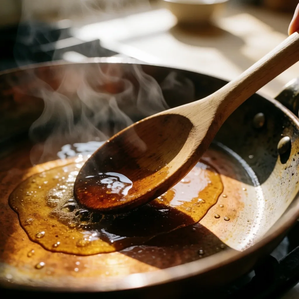 Déglace des sucs de cuisson dans une poêle en cuivre