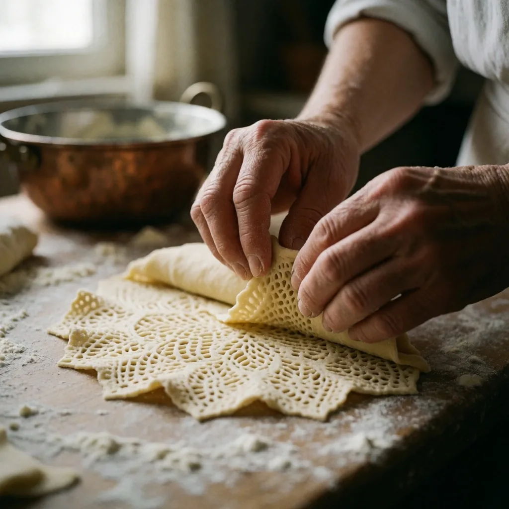 Mains pétrissant une pâte sur une table en bois dans une cuisine traditionnelle