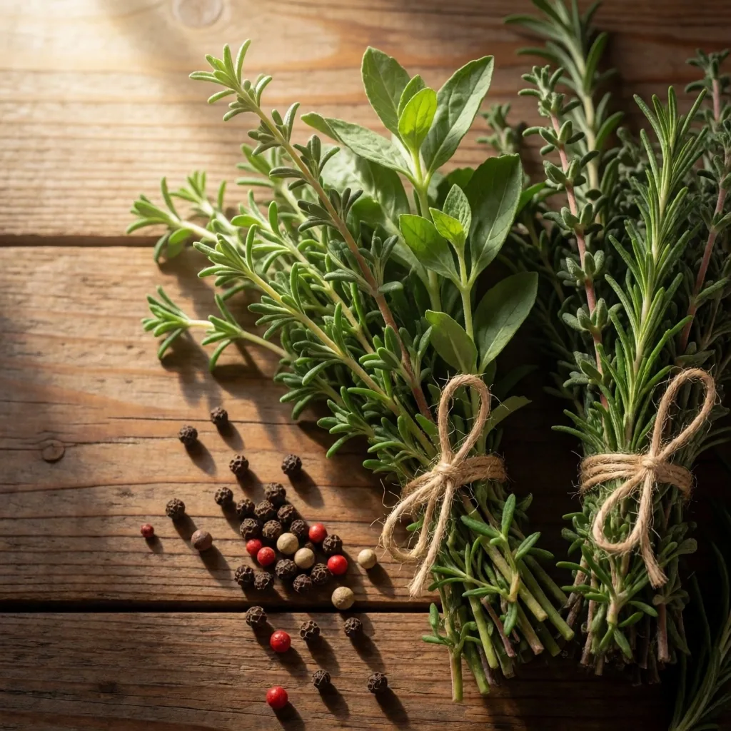 Thym, laurier et romarin frais sur une planche en bois
